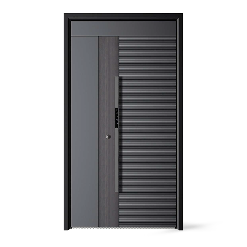 Pintu Depan Baja Eksterior Logam Sisipan Kaca Desain Abu-abu